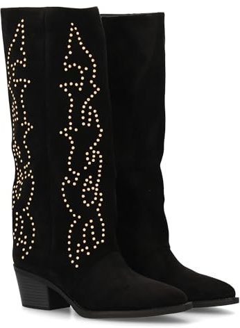 95963 Bota Alta Cowboy con Cana Alta y Tachuelas para Mujer. Tacon Medio y Comodo. Estilo campero, Estampado Liso, Cierre de Cremallera Ideal para Otono Invierno. Negro Talla 37