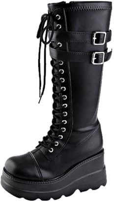 Botas de mujer con plataforma de cuña, botas altas con cordones y hebilla de cinturón, cremallera, suela gruesa antideslizante, tendencias estilo punk, botas zapatos, Negro , 35 EU