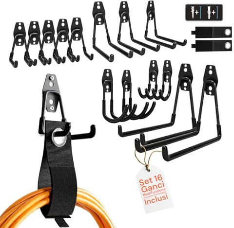Avilia - Ganci Garage Multifunzione in Metallo in Set da 16 con Accessori per Montaggio, Ideale come Porta Bici da Muro e Porta Attrezzi da Giardino, Resistente e Salvaspazio