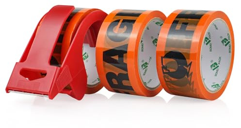 BOMEI PACK FRAGILE Orange Ruban d’emballage sécurité 66m x 48mm–3 rouleaux avec dévidoir Adhésif fort pour colis, entrepôt, e-commerce