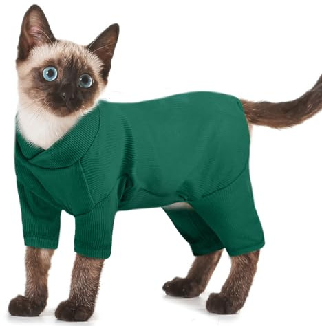 Kattjacka, kattdräkt efter operation varm kattdräkt kattbody med långa ben, op-skjortor förhindrar slickning av sår (armégrön, L)