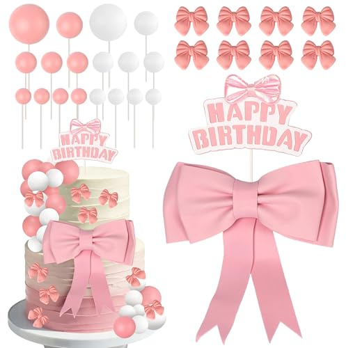 SYKYCTCY 32 Pack Bow Cake Topper Glitter Balls Cake Toppers Coquette Happy Birthday Cake Pick Decorations for Girls Women EVA Foam Bowknot Princess Pink Bows Birthday Party Supplies