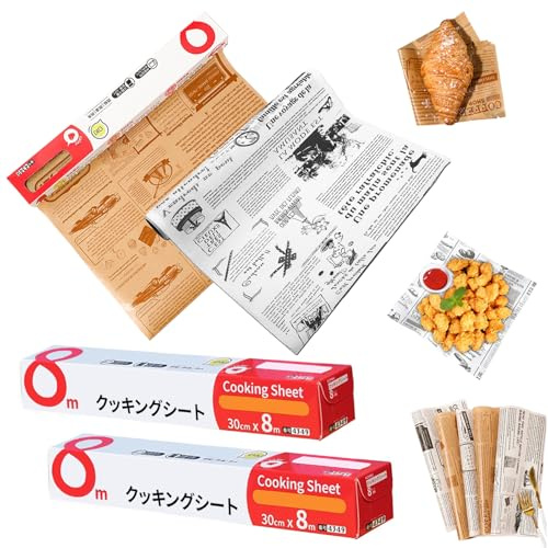 2 Rolle 800 x 30cm Sandwich Wrap Papier, Backpapier, Rolle Lebensmittel Sandwichpapier, Nicht Klebrig Fettdichtes Papier, Hamburgerpapier für Sandwich und Chips,Grill, Weiß, Braun