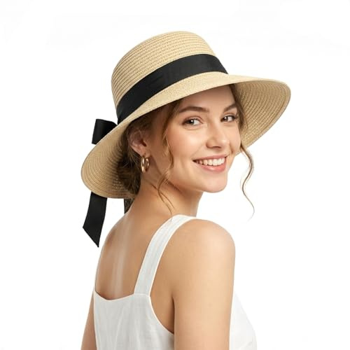Ynport Crefreak Damen Strohhut mit Breiter Krempe und Schwarzer Schleife, Faltbarer Sonnenschutz Hut für Sommer, Urlaub, Strand und den Täglichen Gebrauch