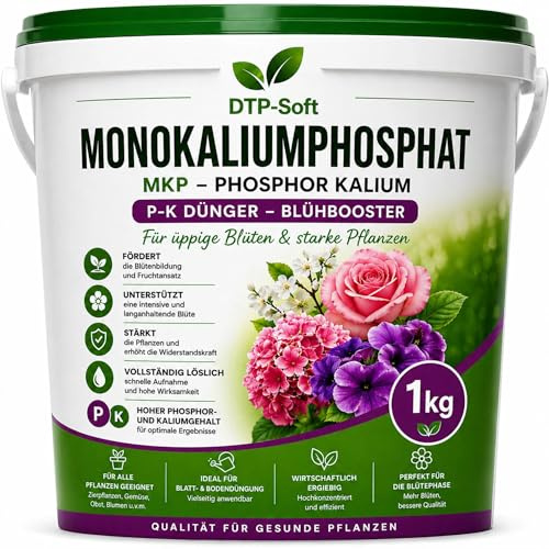 DTP-SOFT Monokaliumphosphat Dünger 1kg/1000g Eimer - MKP P-K Dünger wasserlöslich - Blühdünger und Kalium Phosphor für Tomaten, Gemüse, Obstpflanzen, Balkonpflanzen - chlorfrei