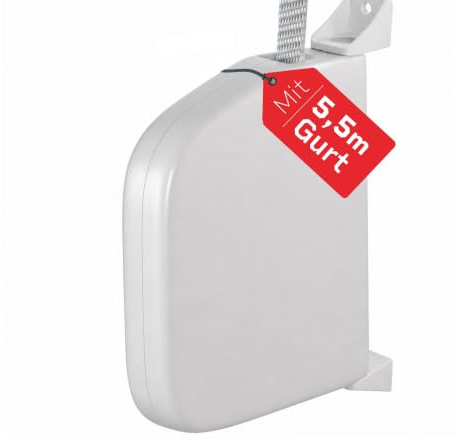 BAUHELD Enrouleur de sangle de volet roulant en saillie avec sangle de 5,5 m - Pliable - Robuste - Pour sangle de volet roulant - 14 mm - Pivotant à 180° - Mini enrouleur de sangle avec espacement des