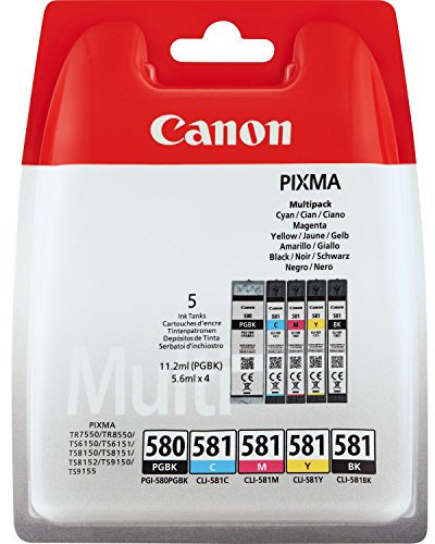Canon Original PGI-580 PGBK, CLI-581 (C/M/Y/BK) Tintenpatrone – Schwarz (5 Stück) Packaging may vary