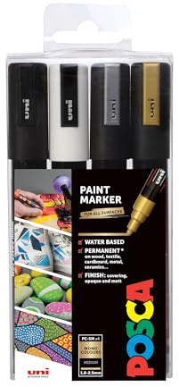 POSCA 153544852 PC-5M „Mono Paint in a Pen“-Set, 2,5 mm breite Kugelspitze, wasserbasierte Filzstifte, 4 Farben | Wasserbasierte deckende Farbstifte für Steinmalerei, Holz, Glas, Handwerk und Kunstprojekte