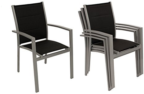 DEGAMO Gartenstuhl Stapelsessel Rivera, Aluminium Silbergrau + Textilgewebe schwarz gepolstert, wetterfest, Outdoor, 4 STCK.