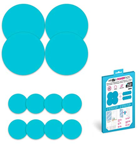 POWERPAD BLUE | SET RUND >>4x DOPPELSEITIG [Ø75mm] + 8x DOPPELSEITIG [Ø25mm] + BOX || Befestigen ohne Bohren - stärker als doppelseitiges Klebeband, wiederverwendbar, kein Kleben, kein Werkzeug