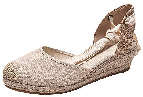 rismart Donna Espadrillas Sandali Medio Zeppa Caviglia Cinghia Estate Scarpe SN02714(Mandorla,39 EU)