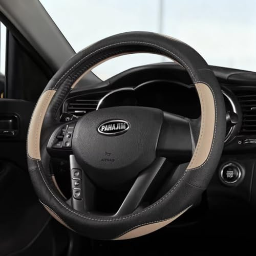 Pahajim Lenkradbezug Auto Lenkradhülle Microfiber Leder Steering Wheel Cover Universal rutschfest Lenkrad Bezug 38cm Lenkradschutz für LKW/Auto/Jeep/SUV -Schwarz Beige