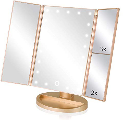 Infitrans Spiegel mit Licht, Tischspiegel mit Tri-Fold-Touchscreen, 1x / 2x / 3x Vergrößerung und USB oder kabelloses Ladegerät, LED-Licht verstellbar um 180° für die Reisebank (Gold)