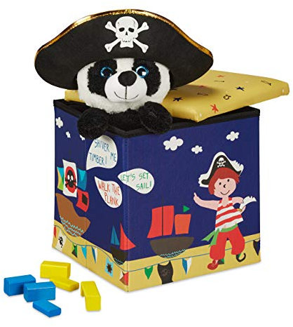 Relaxdays Sitzhocker Kinder, Piraten-Design, Sitzbox faltbar, mit Stauraum, Sitzwürfel, HxBxT 31 x 31 x 31 cm, blau-gelb