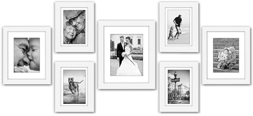 Americanflat Set of 7 Picture Frames with Shatter-Resistant Glass - Gallery Wall Frame Set with One 11x14, Two 8x10 and Four 5x7 Frames - Signature Collection - White