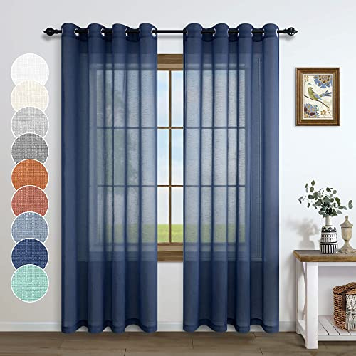 Navy Curtains 96 Inches Long for Living Room Pair Set 2 Panels Gommet Eyelet Light Voile Linen Woven Drapes Blue Semi Sheer Curtains for Dining Room Home Office Kids Room Home Decor 52x96 Inch Length