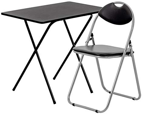 Harbour Housewares Wooden Folding Desk & Chair Set - Black/Black Small Portable Home Office Wooden Top Foldable Desk and Folding Chair Set Workstation for PC, Laptop Study
