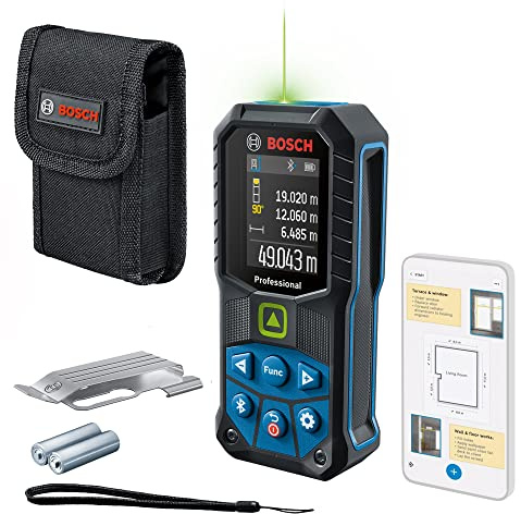 Bosch Professional Télémètre Laser GLM 50-27 CG + Clip de Ceinture (Laser Vert, portée : Jusqu’à 50 m, Robuste, IP65, Transfert de données Bluetooth, 2 Piles AA, dragonne, Housse) - Amazon Exclusive