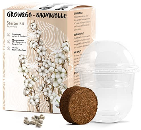 GROW2GO Baumwoll-Pflanzset ideal zur Baumwollhochzeit - Starter Kit Anzuchtset aus Mini-Gewächshaus, Baumwollsamen & Erde