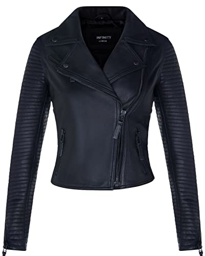 Infinity Leather Chaqueta para Damas de Cuero Negro Opaco de Napa Real de Cordero Acolchada a la Moda Estilo Motociclista XL