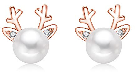 Hasnsofie Silber Weihnachten Ohrringe Damen, 925 Sterling Silber Elch Perle Ohrstecker, 7mm Süße Schlafen Knorpel Elch Ohrstecker mit Perle, Rose Gold Weihnachts Ohrringe zum Weihnachten