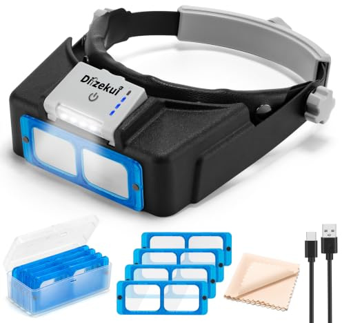 Dilzekui Headband Magnifier with LED Light, Rechargeable Head Mount Magnifier 1.5X to 3.5X, Opitcal Magnifying Glass with Lens, Jewelers Optivisor Hobbies Visor Manifying Glasses for Close Work