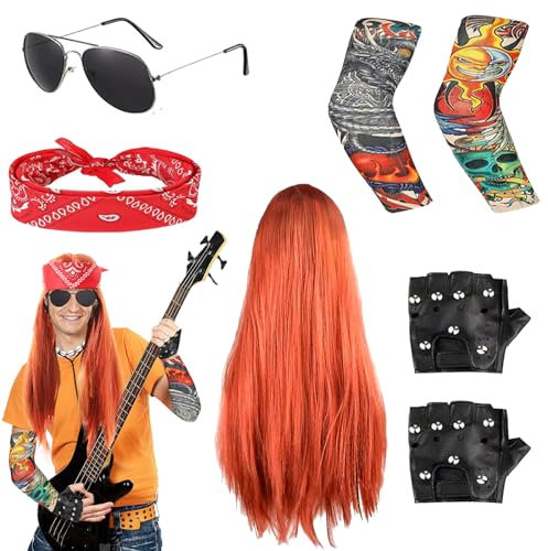 YOUYIKE Rocker Kostüm - Herren Rockstar Disco Kostüm 70er 80er 90er Jahre Outfit mit Punk Handschuhe Tattoo Ärmel Sonnenbrille Perücke Turban für Motto-Party und Cosplay