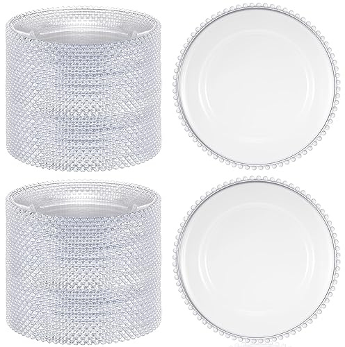 Dandat 100 Pcs 13 Inch Clear Round Charger Plates with Beaded Rim, Clear | Plastic Round Dinner Plates, Decorative Charger Service Plates for Wedding Birthday Party Events Dinner Table Decoration