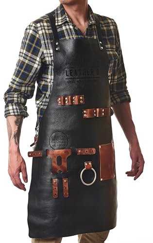 Leather G Lederschürze für Herren: Grill, Grill, Pitmaster, Koch, Barkeeper – handgefertigte Lederschürze – langlebig und stilvoll, Schwarz Leder, Standard