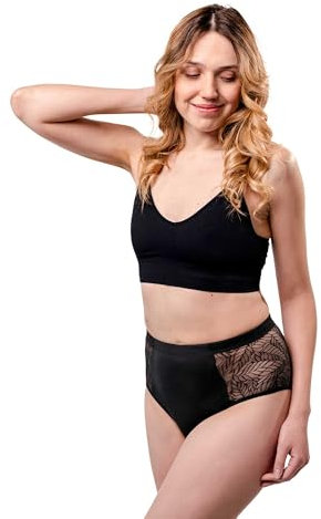 SELENACARE Periodenunterwäsche Recycled Lace Leaf High Waist - Menstruationsunterwäsche für Damen, vegan, nachhaltig, 20ml Absorption, Schwarz, Größe XXL (EU 48/50)