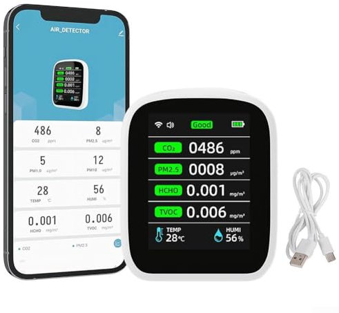 LVYXON 8-in-1-CO2 Messgerät, Luftqualitätsmonitor Tuya App, WiFi CO2 PM5 PM10 PM1 0 HCHO TVOC Temperatur-Feuchtigkeit Detektor, LCD Großbildanzeige Home Office Luftqualitätstester