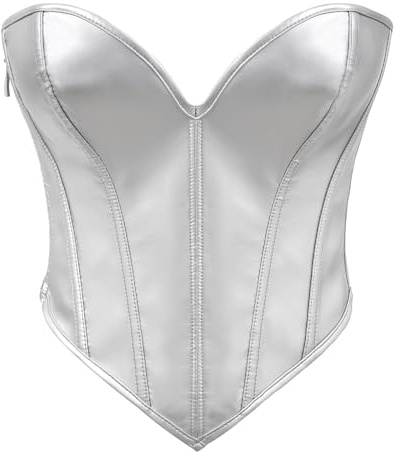 WERFORU Läderkorsett för kvinnor, konstläder, korsett, axelbandslös korsett, topp, dragkedja, bustier, väst, silver, S