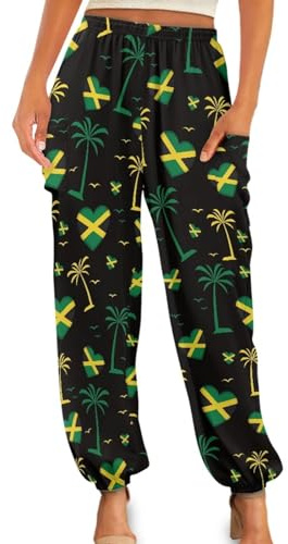 Gzzxiailg Jamaica Hearts Palm Kung fu Pant for Womens Pilates Dance Training Trousers Smocked Waist Tai Chi Pant Yoga Clothes with Pockets Size S-4XL