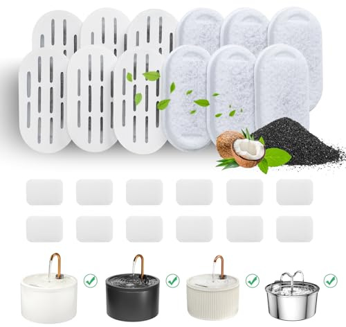 DOOOB Lot de 24 filtres de fontaine à eau pour chat, compatibles avec les fontaines à eau DOOOB en acier inoxydable, filtres de fontaine à eau pour animaux domestiques (12 filtres et 12 éponges), 60 g