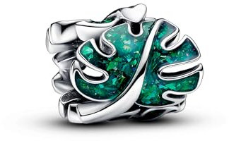 Pandora Moments Charm Feuilles Monstera en argent sterling avec émail vert scintillant holographique