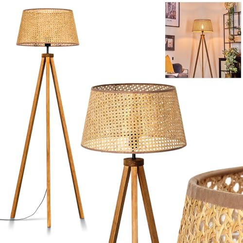 HOFSTEIN Stehleuchte Barcos, Stehlampe aus Holz/Rattan in Naturfarben, Leuchte im skandinavischen Design mit rundem Schirm Ø 45 cm und Fußschalter, Höhe 154 cm, 1 x E27, ohne Leuchtmittel
