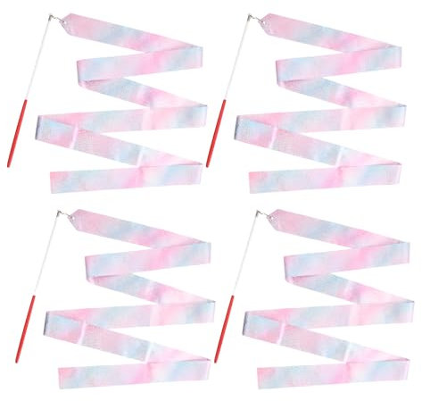 Ehuihuan 4 Stück Gymnastikband mit Glitzernden Farben, Tanzband mit Stab Kinder, Tanzband für Gymnastikübungen, Turnzubehör für Tanz und Gymnastikübungen 2 m