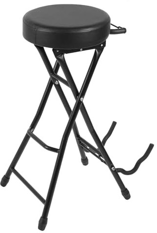 Asixxsix Klappbarer Gitarrenhocker, Gitarrenstuhl mit Integriertem Gitarrenständer, Sitz mit Gepolstertem Kissen, Fußstütze, Zusammenklappbares Design,für Akustik-,Elektro- und Bassgitarren