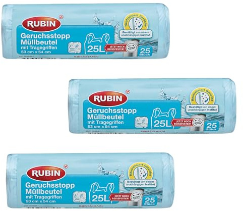 3x RUBIN Geruchsstopp Müllbeutel mit Tragegriffen 25L | 3 x 25 Stück mit Trennhilfe, neutralisiert Gerüche, Maße (BxH): ca. 53x54 cm |