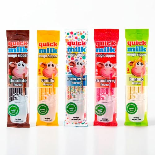 QUICK MILK Magic Sipper Set – 25 Zauberstrohhalme (5 Sorten: Schoko, Erdbeere, Banane, Vanille, Fruity Cereal), Natürliche Aromen, Glutenfrei, Spaß für Kinder, 5er Pack (5x5 Stück) - DEKOND