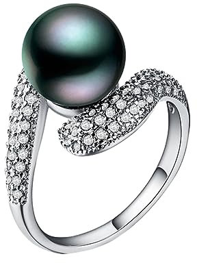 WACEH Jewelry Ring mit natürlichen Süßwasserperlen für Damen, eleganter Zirkon-Hochzeitsschmuck, Schwarz, Größe 9 Necklaces Earrings