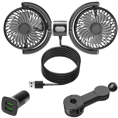 Auto Ventilator für Rücksitz, 360 ° Verstellbare Doppelkopf USB Kühlungs Luftventilatoren, Rücksitzventilatoren mit 3 Geschwindigkeiten, Lüfter Leistungsstarker Leise, Ventilatoren für Auto, Büro