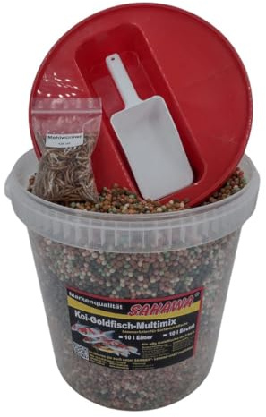 SAHAWA Premium Multimix 10L Eimer – Hochwertiges Teichfutter 4-6 mm Körnung, Goldfischfutter, Koi Futter, Gartenteichfische I inklusive Futterschaufel und getrockneten Mehlwürmern