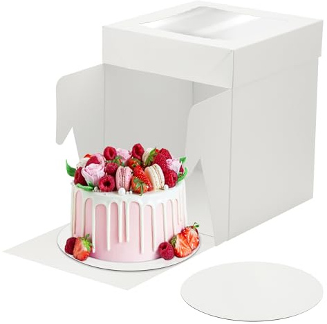 Zourglow Boite Gateau Carton 25.4x25.4x20cm, 2 Pièces Boite Transport Gateau avec 10in Planche à Gâteau e Fenêtre, Boîtes à Gâteau pour Cake, Biscuits, Beignets, Desserts
