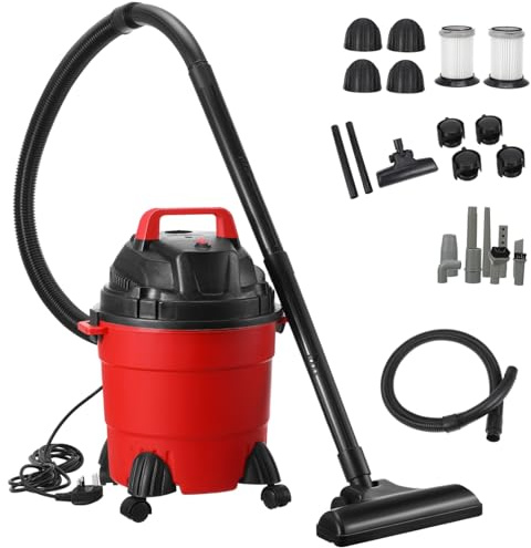 NUOBESTY 15l Wet Dry Vacuum Cleaner Corded Upright Dust Extractor with Strong Suction Power Plastic Bucket Double Filter Set for Household and Workshop Cleaning