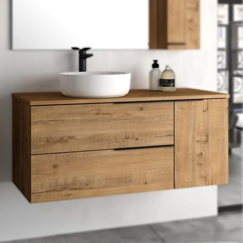 THE BATH POINT Mueble de Baño Suspendido sin Lavabo - Mueble de Baño 80 cm con 2 Cajones y Puerta Lateral - Acabado en Roble con Veta Natural - Montaje en Pared - Black Capri Top