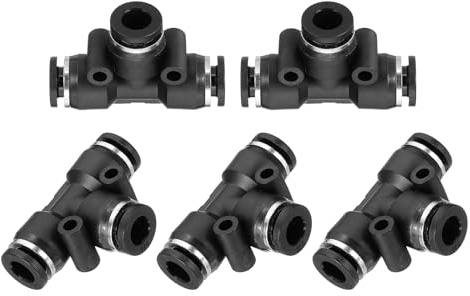 sourcing map 5 Pcs 1/4 Inch OD Tee Plastic Push to Connect Fittings 3 Ways Tube Connect Push Fit Push Lock Pneumatic Quick Fittings for Water Oil Gas Hose Pipe, Black