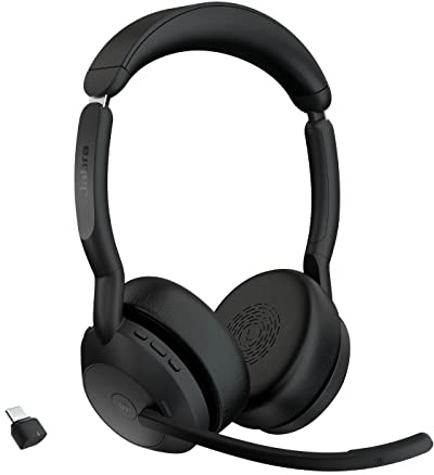 Jabra Evolve2 55 – kabelloses Stereo-Headset mit Ladestation Air Comfort, ANC und Geräuschunterdrückung, MS Teams Zertifiziert, kompatibel mit Anderen Plattformen – Schwarz (Generalüberholt)