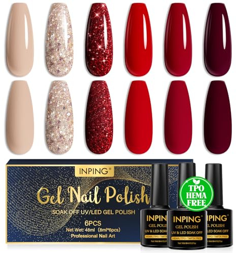 INPING Gel Nail Polish TPO-FREE Nude Red 6 Colors UV LED Nail Varnish 8ML | Soak-Off UV/LED Long Lasting Gel Nail Polish Set for Nail Art Salon DIY Home Easter/Valentine's Day