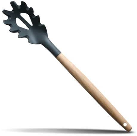 Gatuida Cuchara De Espaguetis Mango De Madera, Filtro De Silicona Para Servir Pasta, Colador De Fideos Gris, Material Seguro Para Uso Doméstico, Práctica Para Cocinar y Servir Pasta